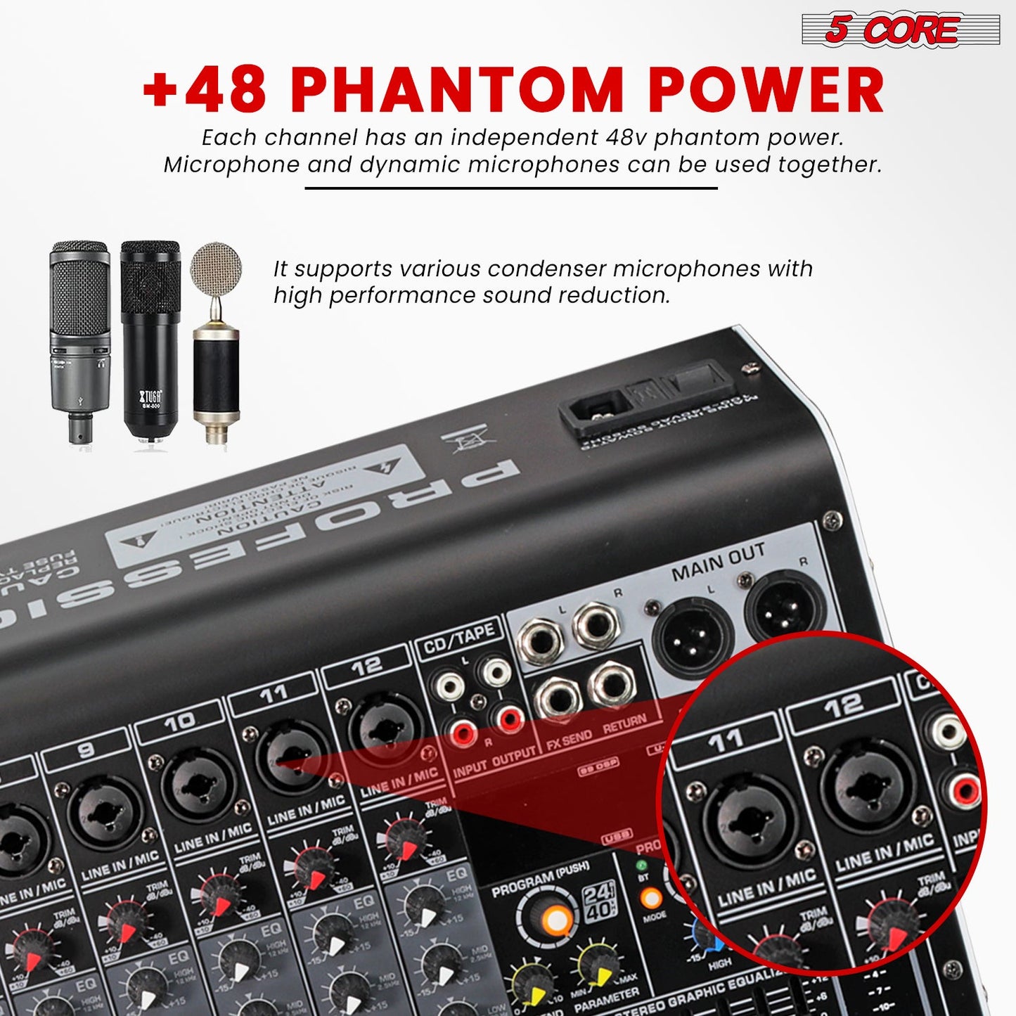 Live performance audio mixer with 12 input controls