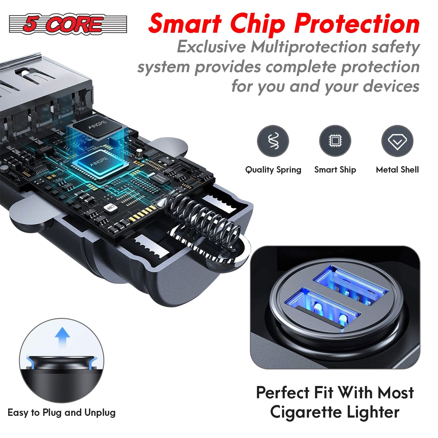 5 Core Fast Car Charger Pair Quick Charging Phone USB Adapter 2 Port Cigarette Lighter Auto Charger