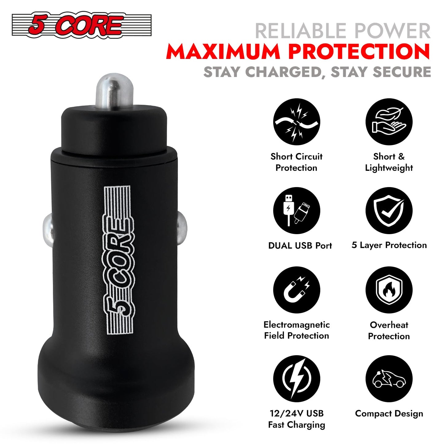 5 Core Fast Car Charger Pair Quick Charging Phone USB Adapter 2 Port Cigarette Lighter Auto Charger