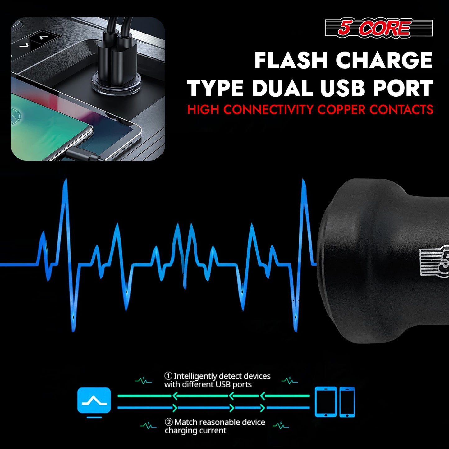 5 Core Fast Car Charger Pair Quick Charging Phone USB Adapter 2 Port Cigarette Lighter Auto Charger