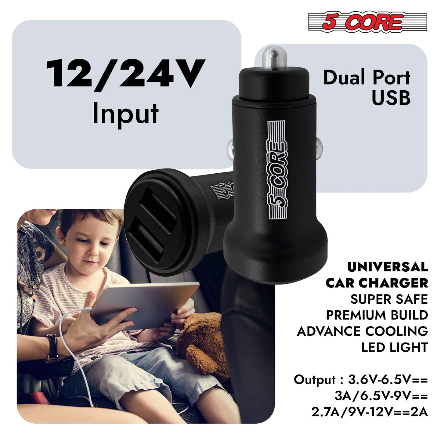 5 Core Fast Car Charger Pair Quick Charging Phone USB Adapter 2 Port Cigarette Lighter Auto Charger