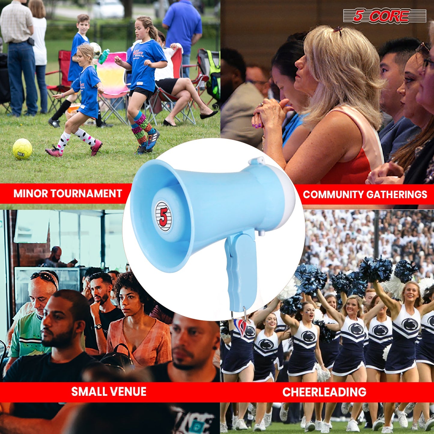 Powerful megaphone, requiring 6 D-type batteries (not included), with a siren and volume control for various situations.