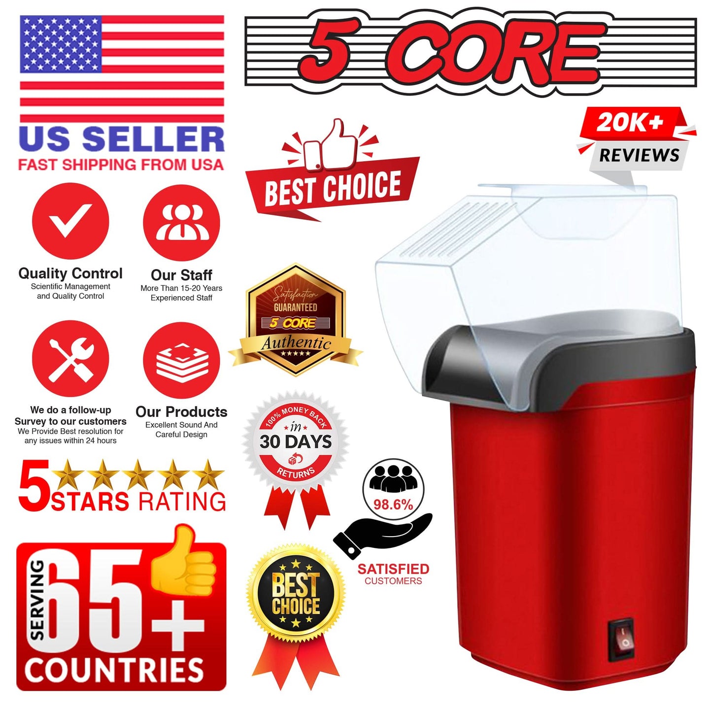 5Core Popcorn Machine 16 Cup Hot Air Popper Mini Portable Electric Pop Corn Maker RED