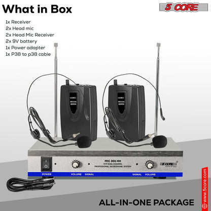 5Core Wireless Microphones w 2 Headset Portable Mini Microfono Inalambricos + Receiver 165ft Range