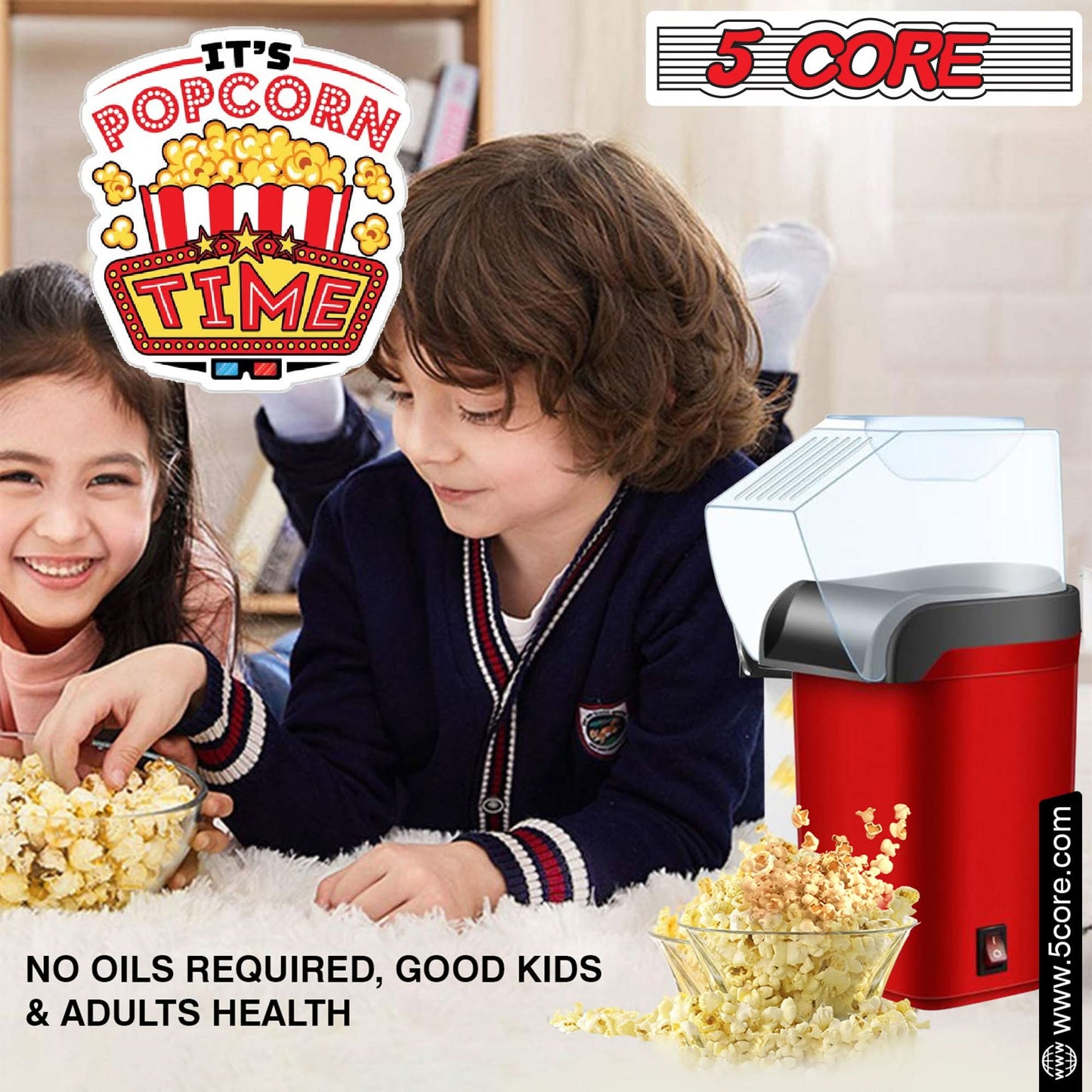 5Core Popcorn Machine 16 Cup Hot Air Popper Mini Portable Electric Pop Corn Maker RED