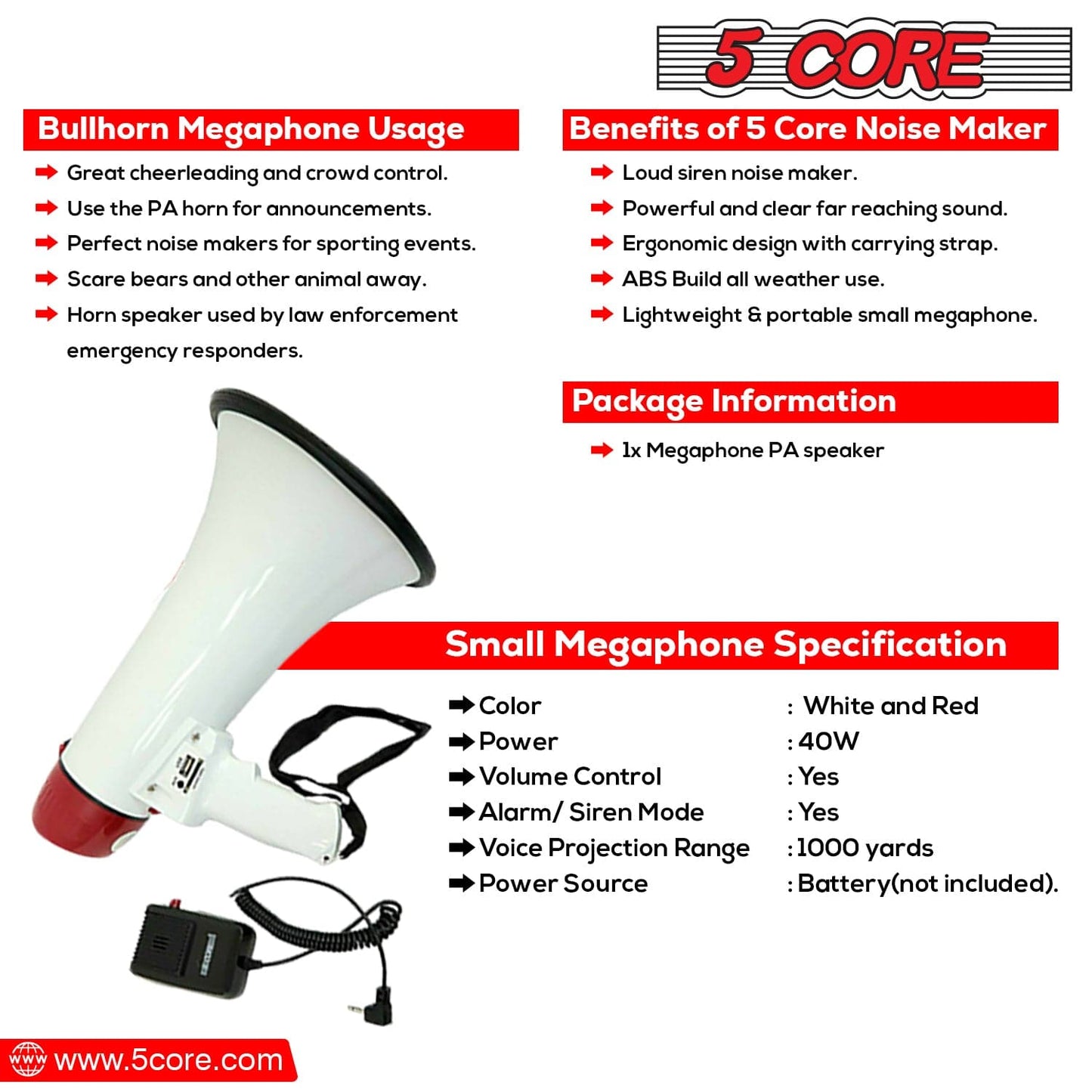 Bull horn loud speaker and cheer megaphone with handle for sports.