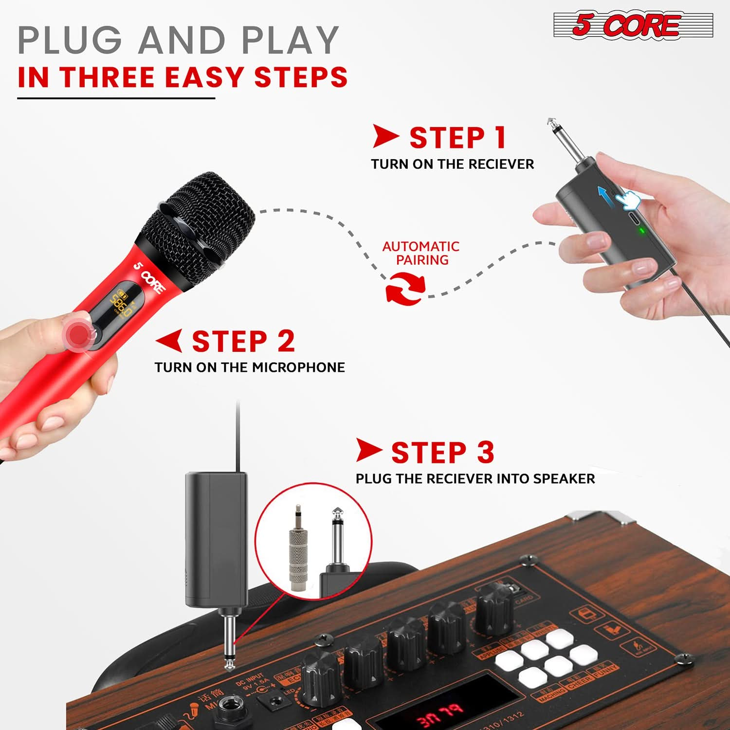 Set up your wireless karaoke mics in 3 easy steps—just plug, pair, and play for instant fun