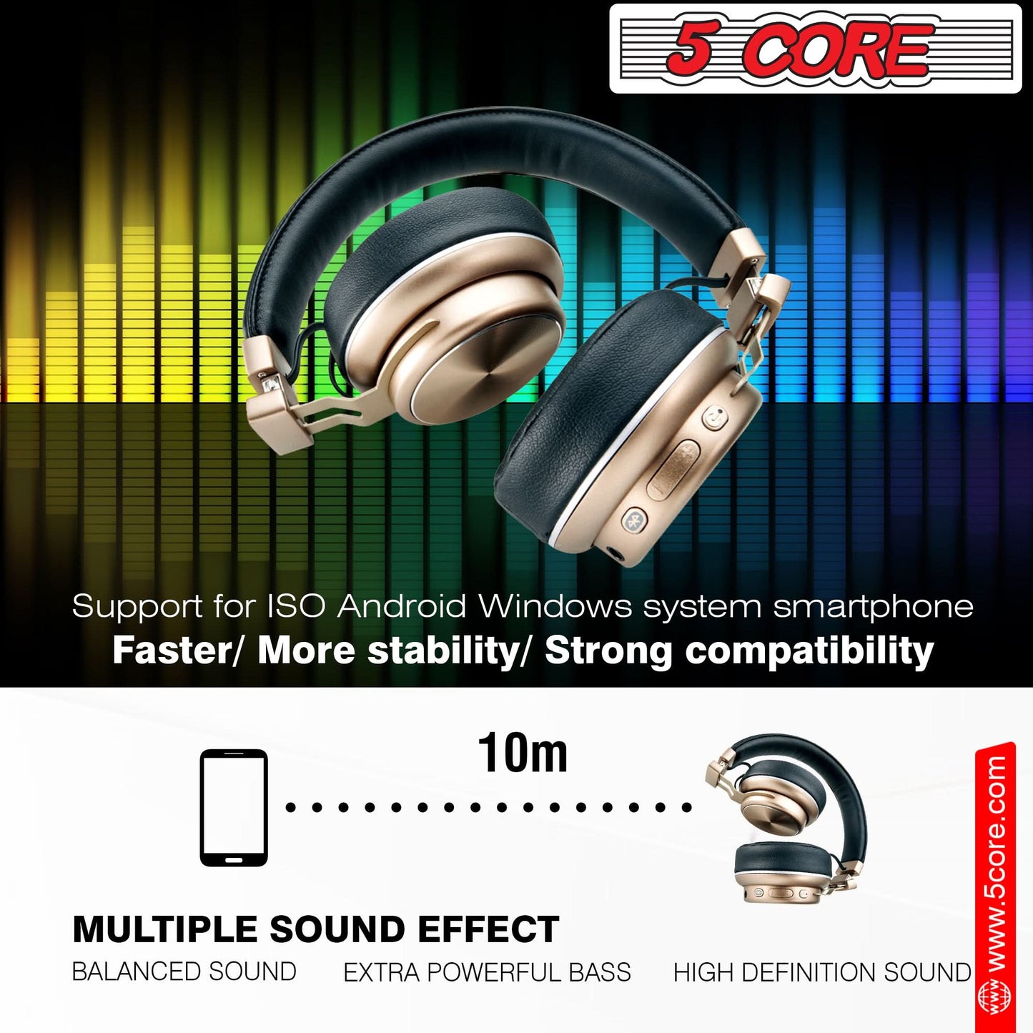 5 CORE Bluetooth Headphones Over Ear Noise Cancelling Headset Stereo Headphone with Padded Ear Cups + Adjustable Headband HEADPHONE 13 G