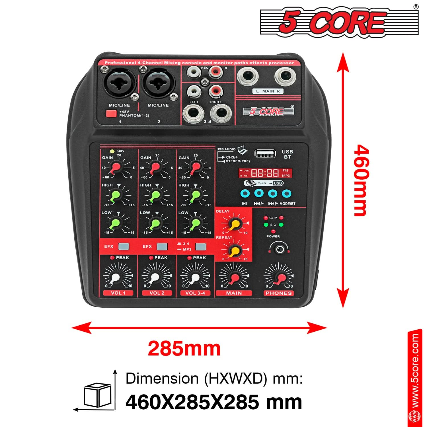 Compact and versatile, the 4-channel audio mixer measures 460x285x285 mm, perfect for any setup