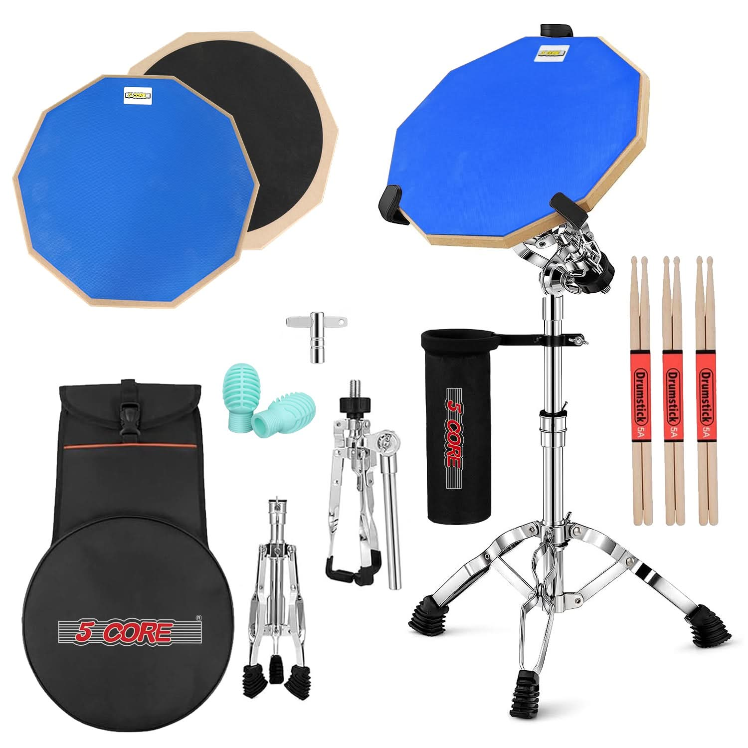 5 Core Drum Practice Pad Set 12" Adjustable Snare Drumming Stand Double Sided Silent Drummer Kit