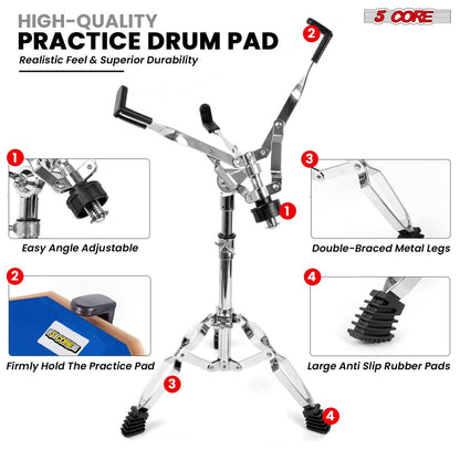 The drum practice pad features double-braced metal legs, an angle-adjustable design, and a firm hold with anti-slip rubber pads