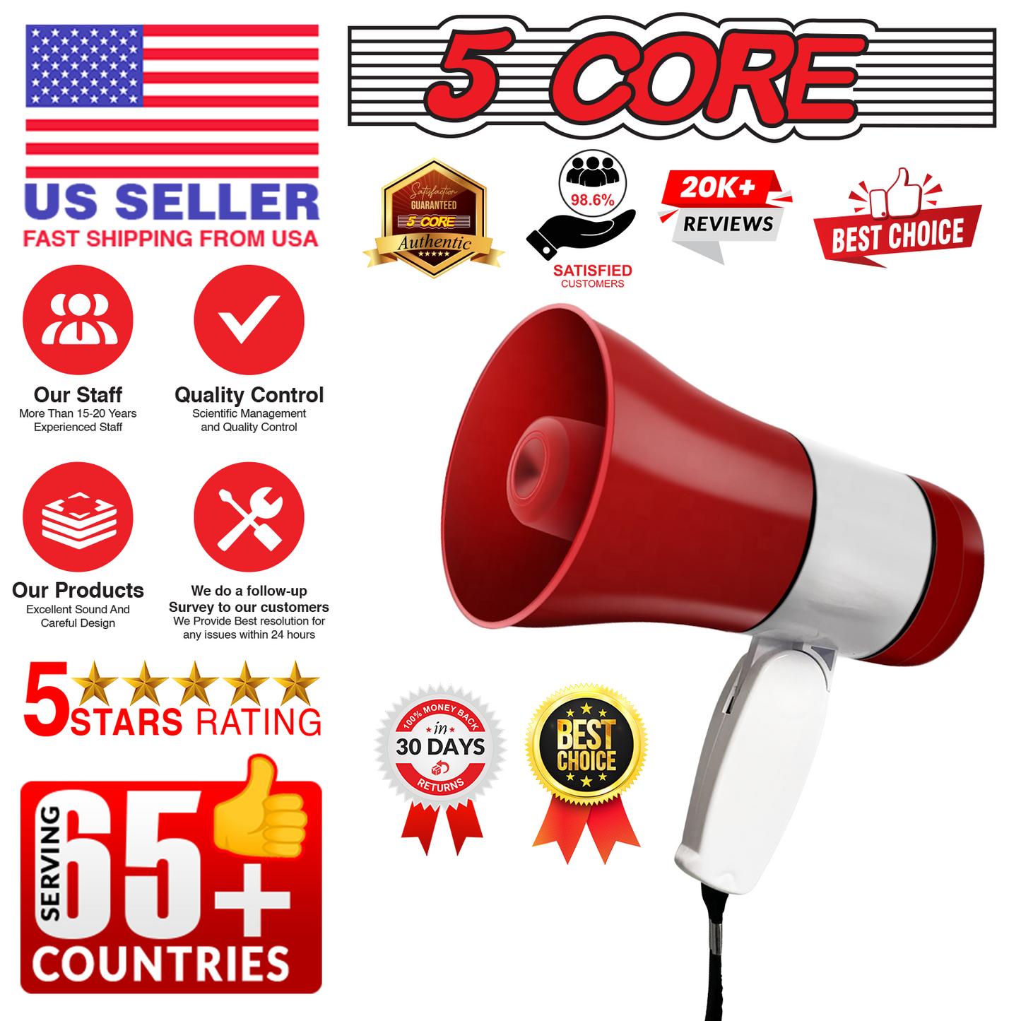 5Core Megaphone Bullhorn Speaker 30W Bull Horn Rechargeable Cheer Megafono 800 Yards