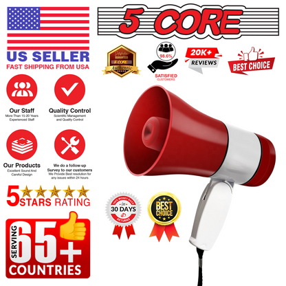 5Core Megaphone Bullhorn Speaker 30W Bull Horn Rechargeable Cheer Megafono 800 Yards