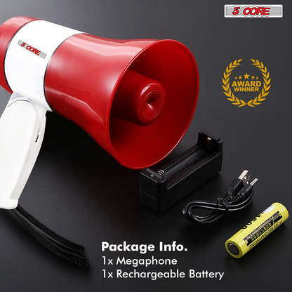 5Core Megaphone Bullhorn Speaker 30W Bull Horn Rechargeable Cheer Megafono 800 Yards