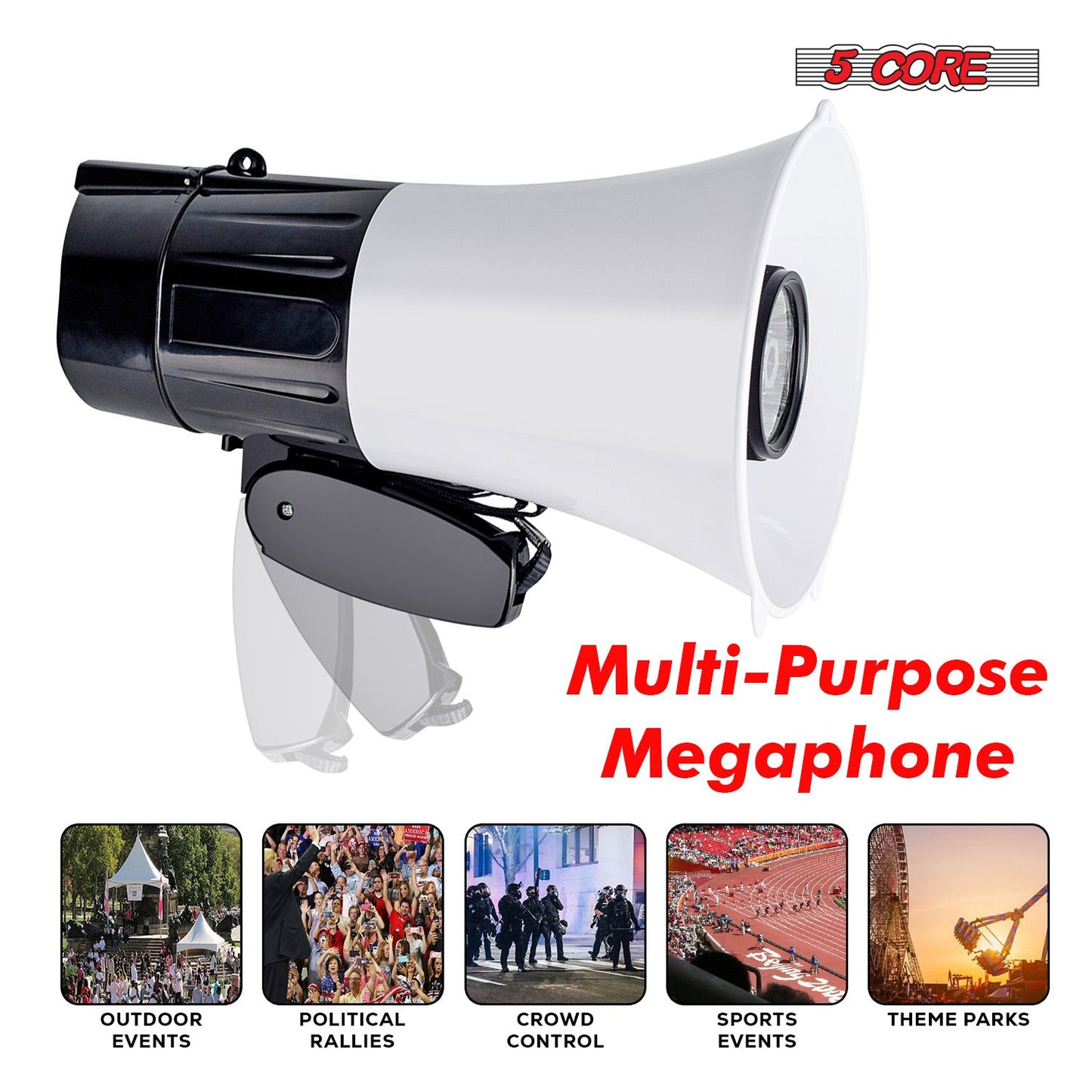 5Core Megaphone Bullhorn Speaker 30W LED Bull Horn Battery Power Cheer Megafono 800 Yard