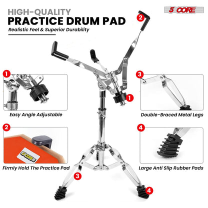 Snare drum stand with adjustable height, sturdy tripod base, and secure drum holder