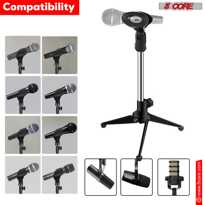 Universal microphone holder with secure grip and adjustable angle for various mic types.